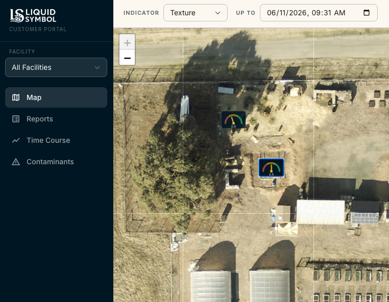 Liquid Symbol Customer Portal — satellite map of a composting facility with speedometer quality score markers on each windrow