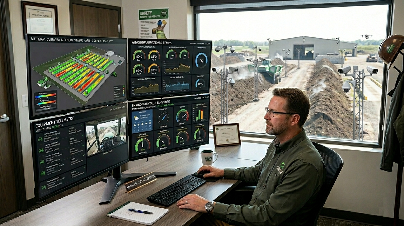 Composting facility manager monitoring operations from a data dashboard